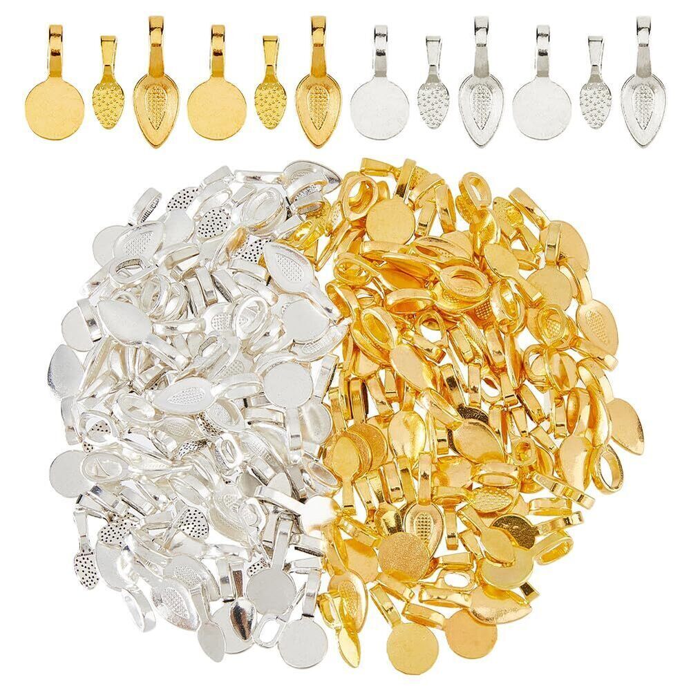 2701 180Pcs 6 Styles Jewelry Bails for Pendants Silver Gold Alloy Glue on
